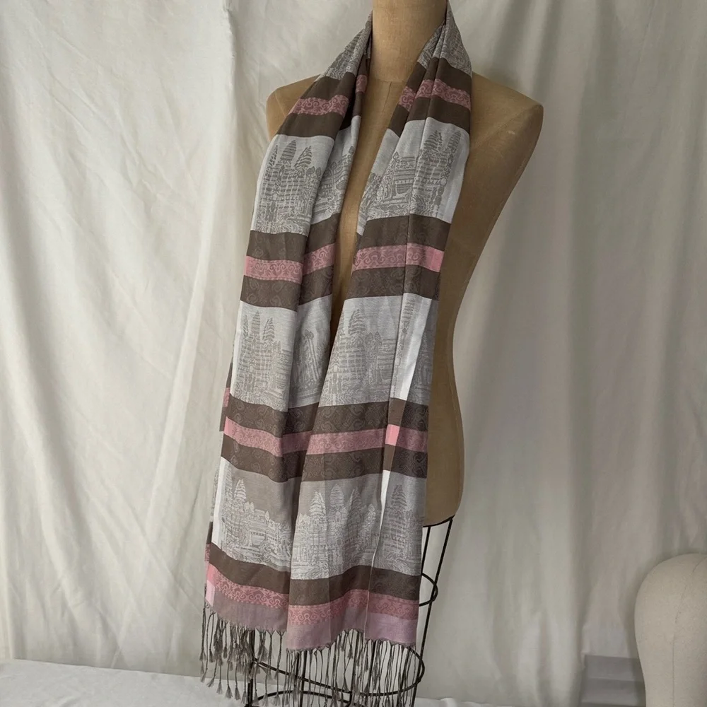 Elegant Pink and Brown Silk Striped Scarf with Angkor Wat Motif.